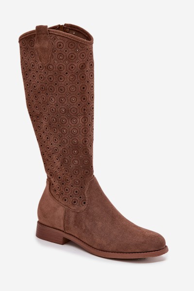 Women's Flat Heeled Boots with Perforated Pattern S.Barski HY52-531 Brown 2
