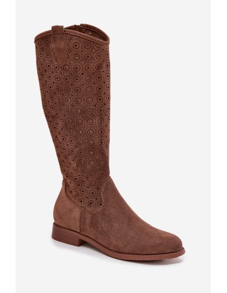 Women's Flat Heeled Boots with Perforated Pattern S.Barski HY52-531 Brown