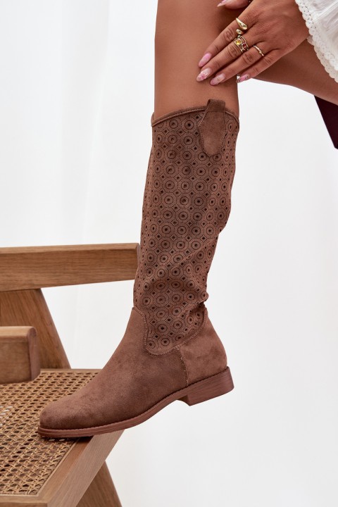 Women's Flat Heeled Boots with Perforated Pattern S.Barski HY52-531 Brown