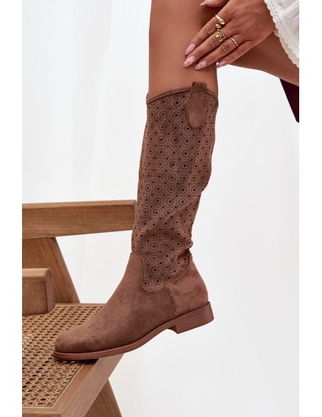 Women's Flat Heeled Boots with Perforated Pattern S.Barski HY52-531 Brown