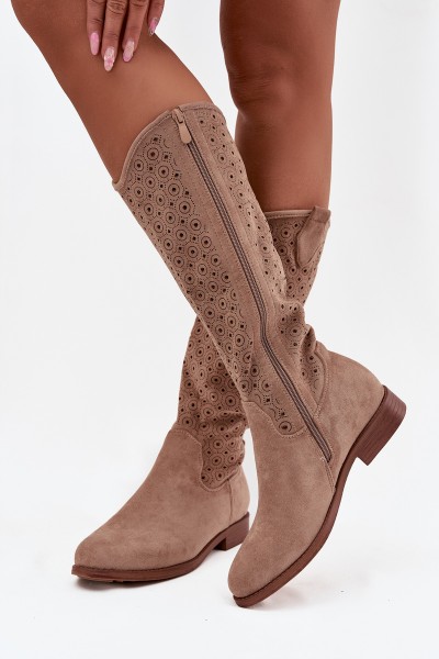 Women's Flat Heel Boots with Openwork Pattern S.Barski HY52-531 Beige