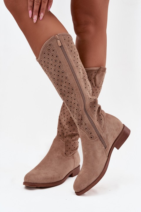 Women's Flat Heel Boots with Openwork Pattern S.Barski HY52-531 Beige