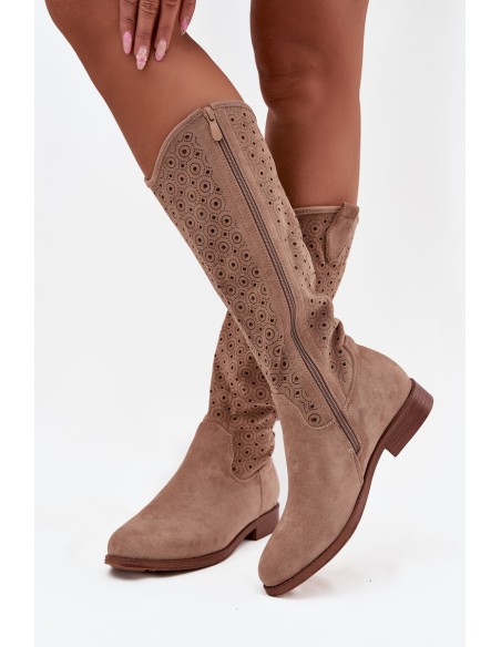 Women's Flat Heel Boots with Openwork Pattern S.Barski HY52-531 Beige