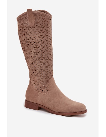 Women's Flat Heel Boots with Openwork Pattern S.Barski HY52-531 Beige