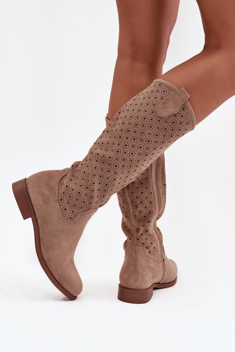 Women's Flat Heel Boots with Openwork Pattern S.Barski HY52-531 Beige