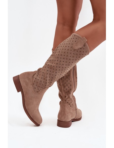Women's Flat Heel Boots with Openwork Pattern S.Barski HY52-531 Beige