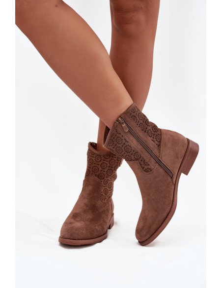 Women's Flat Heel Ankle Boots with Openwork Pattern S.Barski HY52-530 Brown