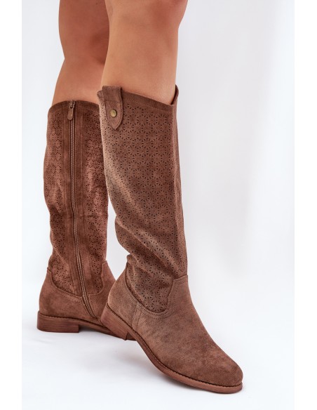 Flat Heel Boots With Perforated Pattern Brown S.Barski HY51-062