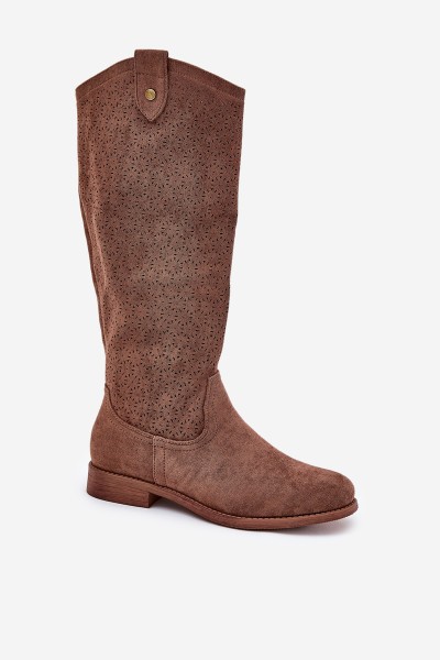 Flat Heel Boots With Perforated Pattern Brown S.Barski HY51-062 2