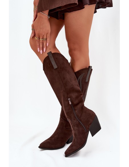 Women's Cowboy Boots With Decoration On Heel Chocolate Jovina