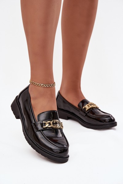 Lacquered Women's Loafers With Gold Decoration S Bar ski HY52 539 Black