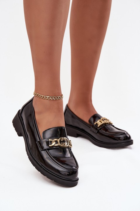 Lacquered Women's Loafers With Gold Decoration S Bar ski HY52 539 Black