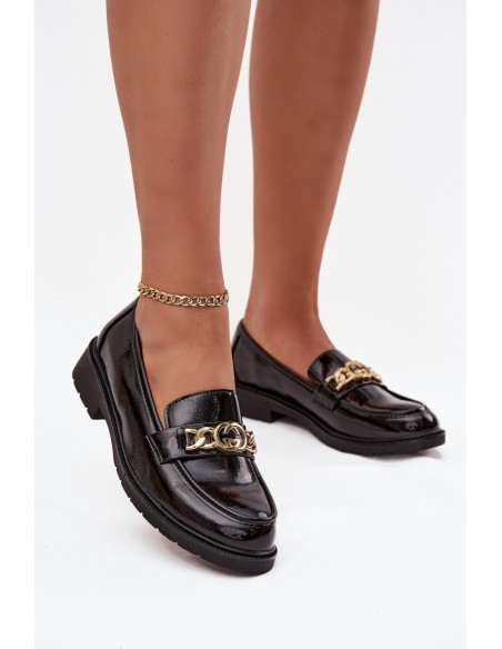 Lacquered Women's Loafers With Gold Decoration S Bar ski HY52 539 Black