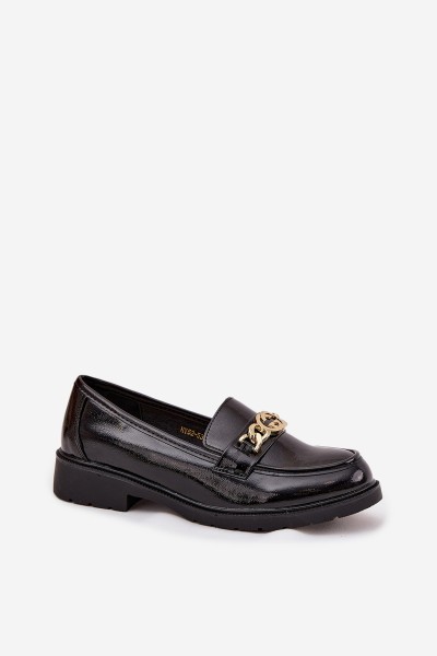 Lacquered Women's Loafers With Gold Decoration S Bar ski HY52 539 Black 2