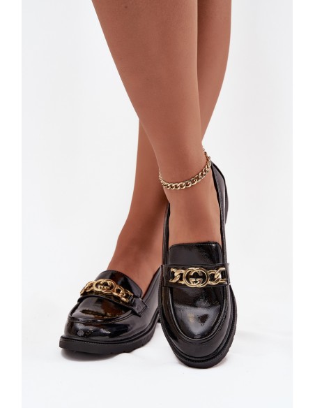 Lacquered Women's Loafers With Gold Decoration S Bar ski HY52 539 Black
