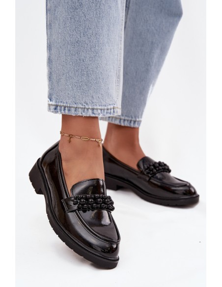 Women's Patent Loafers With Beads S.Barski HY52-541 Black