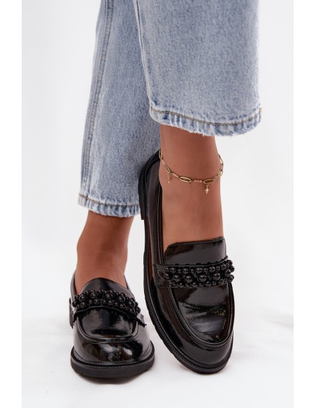 Women's Patent Loafers With Beads S.Barski HY52-541 Black