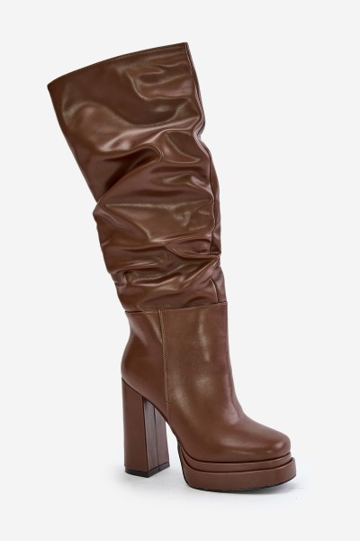 Slip-On Knee-High Boots With Heels And Platform With Gathering Insulated Brown Beridra 2