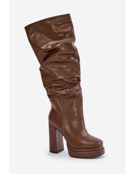 Slip-On Knee-High Boots With Heels And Platform With Gathering Insulated Brown Beridra