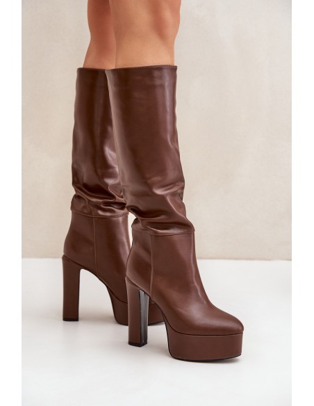 Knee High Boots On A Heel And Platform Made Of Eco Leather Brown Felilorn