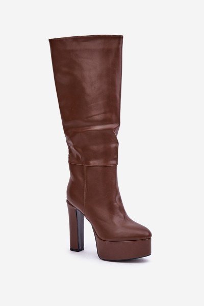 Knee High Boots On A Heel And Platform Made Of Eco Leather Brown Felilorn 2
