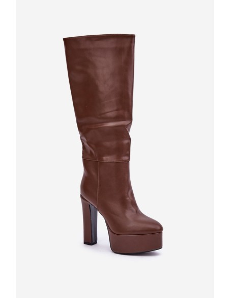 Knee High Boots On A Heel And Platform Made Of Eco Leather Brown Felilorn