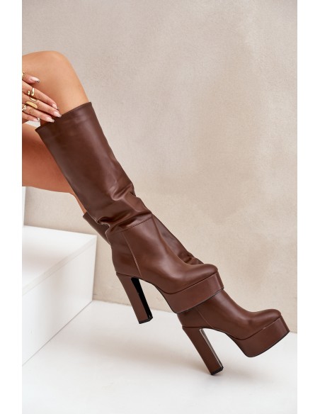 Knee High Boots On A Heel And Platform Made Of Eco Leather Brown Felilorn