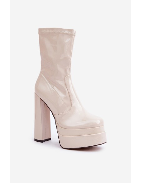 Lacquered Ankle Boots On Platform And High Heel Beige Lotisha
