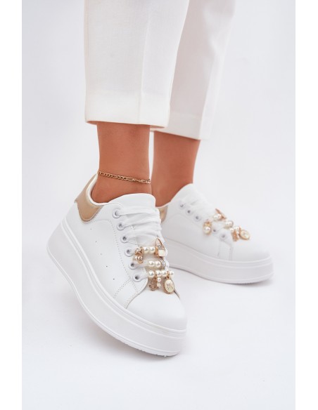 Women's Platform Sneakers With Ribbons White-Gold Ocerdia