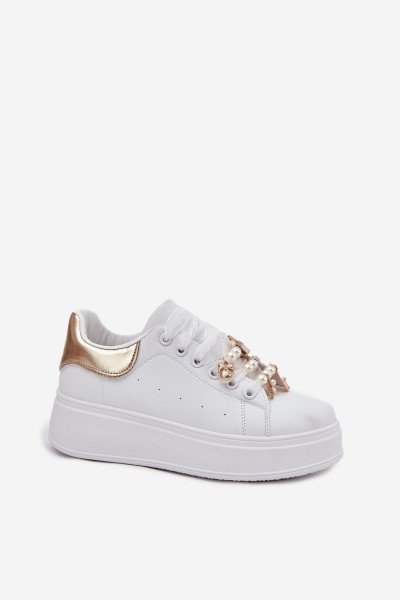 Women's Platform Sneakers With Ribbons White-Gold Ocerdia 2