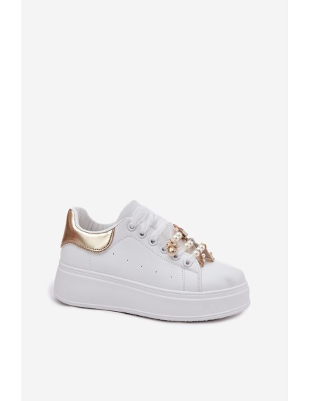 Women's Platform Sneakers With Ribbons White-Gold Ocerdia