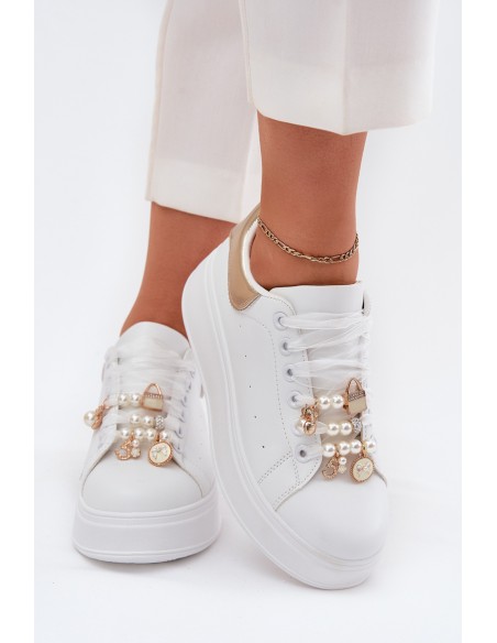 Women's Platform Sneakers With Ribbons White-Gold Ocerdia