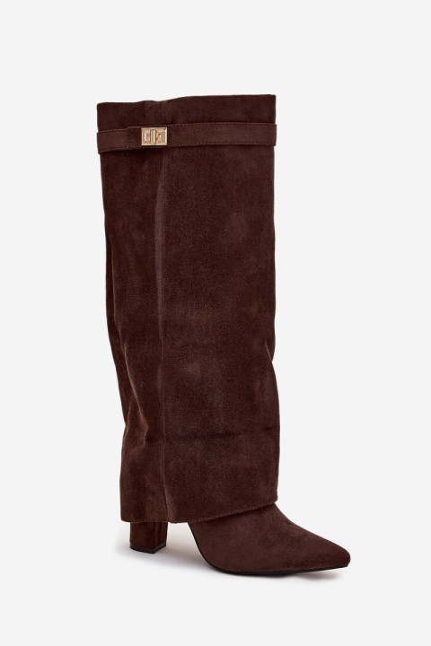 Eco Suede Boots Heel Block Zipper Insulated Folded Shaft Chocolate Evyra