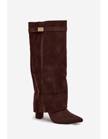 Eco Suede Boots Heel Block Zipper Insulated Folded Shaft Chocolate Evyra