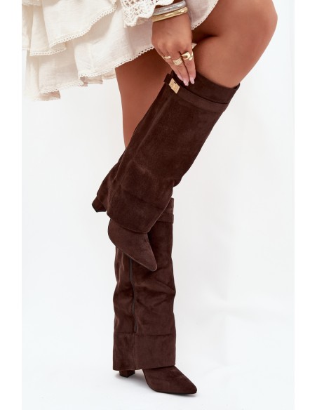 Eco Suede Boots Heel Block Zipper Insulated Folded Shaft Chocolate Evyra