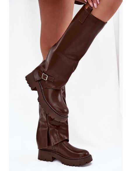 Insulated boots with rolled shaft and buckle chocolate Fiorae