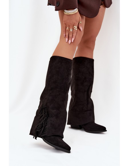 Slip-On Cowboy Boots Women's Heeled With Fringes Black Zalia