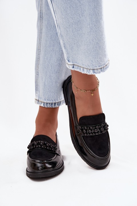 Women's Patent Loafers With Beads S.Barski HY52-541 Black