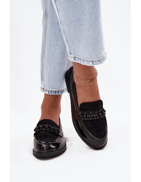 Women's Patent Loafers With Beads S.Barski HY52-541 Black