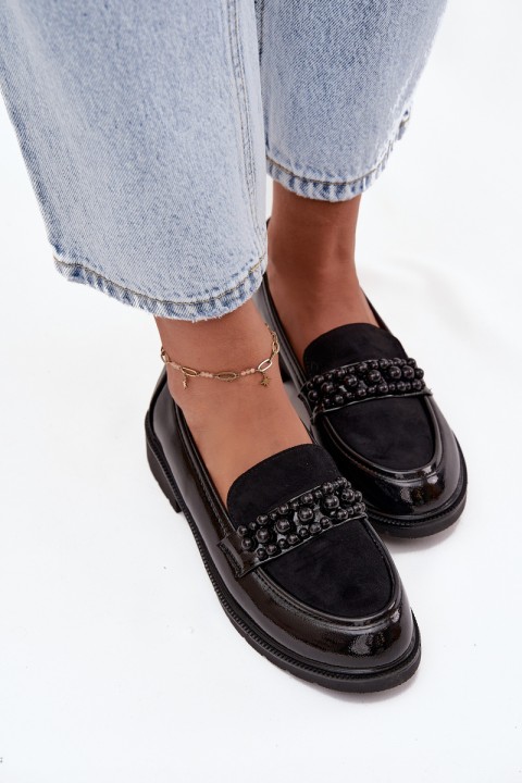 Women's Patent Loafers With Beads S.Barski HY52-541 Black