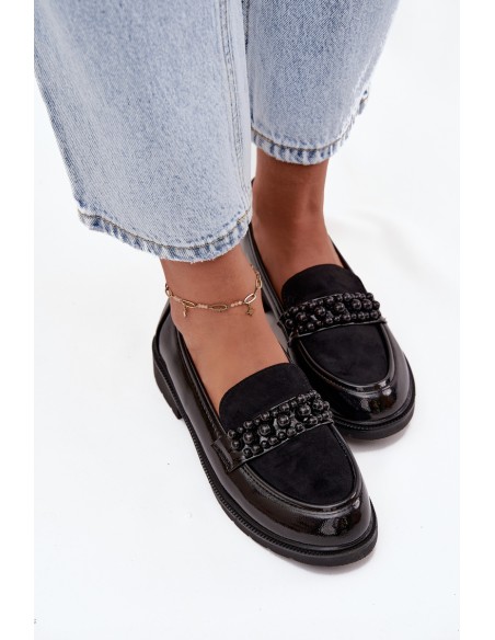 Women's Patent Loafers With Beads S.Barski HY52-541 Black