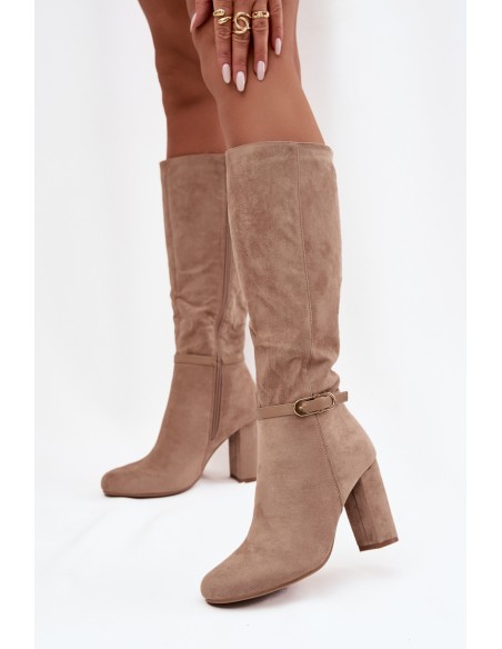 Women's High Heel Boots with Gold Buckle Insulated Beige Seraphine