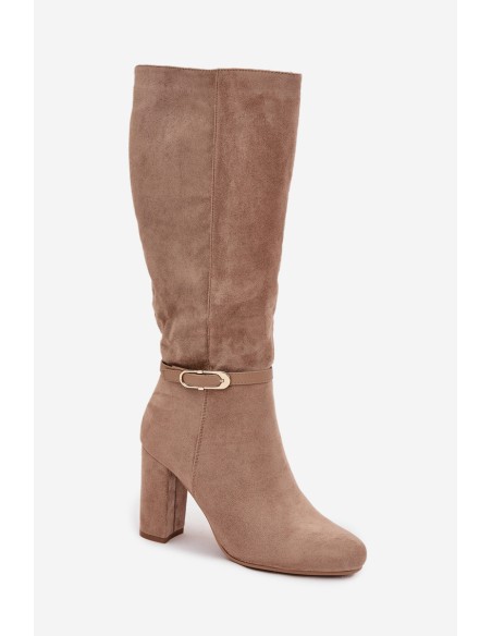 Women's High Heel Boots with Gold Buckle Insulated Beige Seraphine