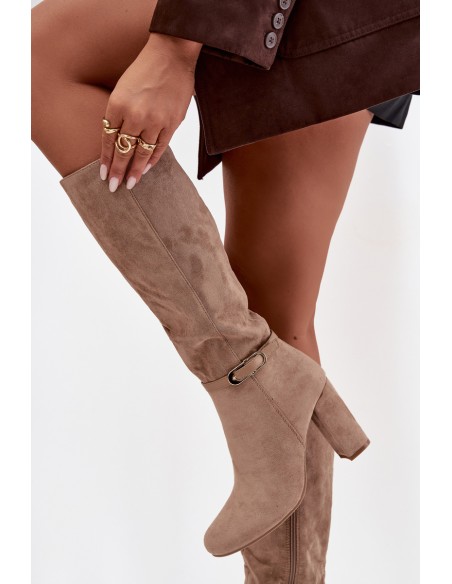 Women's High Heel Boots with Gold Buckle Insulated Beige Seraphine