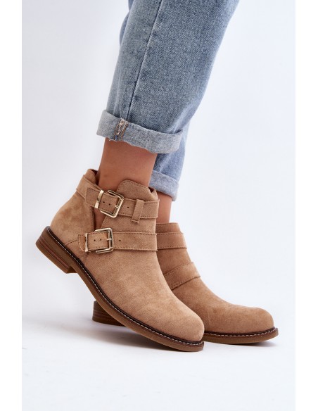 Women's Flat Heel Ankle Boots with Straps Beige Melviana