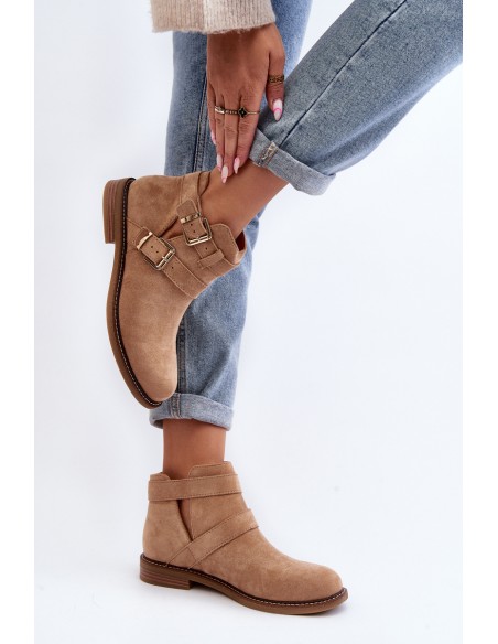 Women's Flat Heel Ankle Boots with Straps Beige Melviana