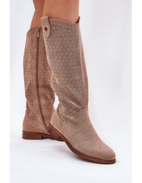 Flat Heeled Boots With Perforated Pattern Beige S.Barski HY51-062