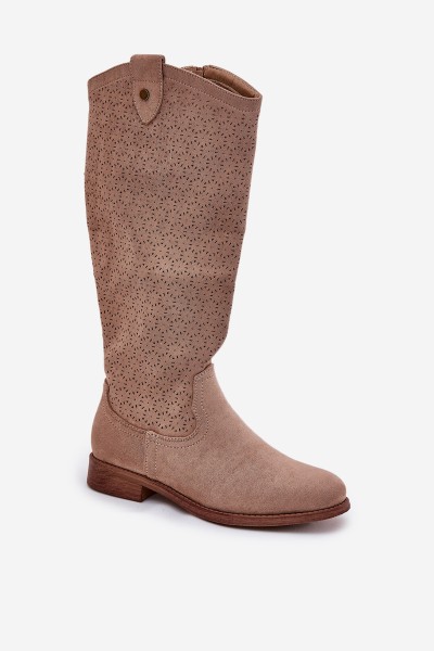 Flat Heeled Boots With Perforated Pattern Beige S.Barski HY51-062 2