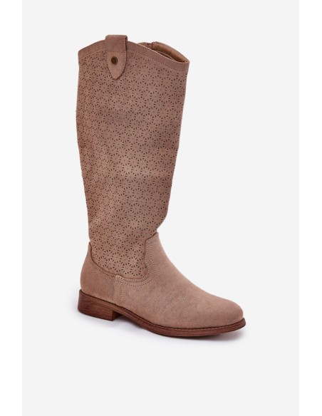 Flat Heeled Boots With Perforated Pattern Beige S.Barski HY51-062