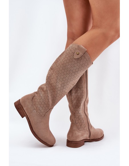 Flat Heeled Boots With Perforated Pattern Beige S.Barski HY51-062